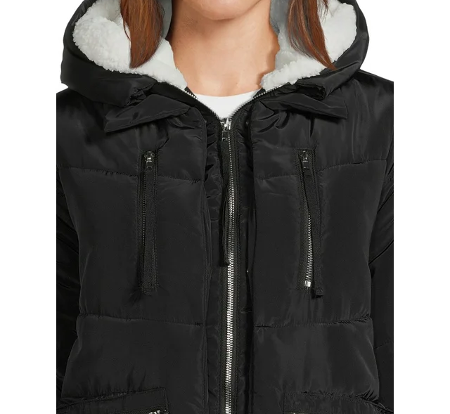 Women's Puffer Coat with Faux Sherpa Lined Hood