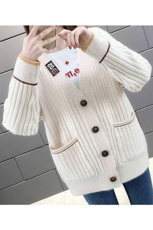 Women Knitted Ribbed Cuff V-Neck Button Closure Solid Pattern Weekend Cardigan - WC87199