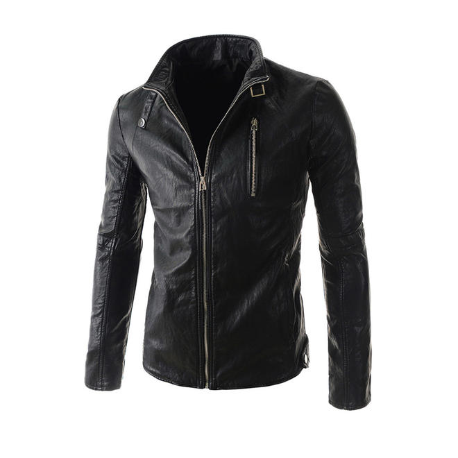 Men Stand Up Collar Zip Closure Long Sleeve Solid Colored Windproof PU Leather Jacket    C4400ZWJK