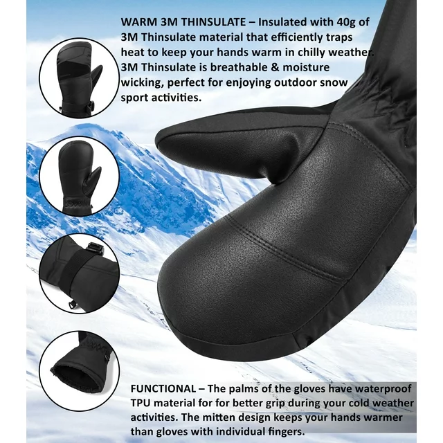 Mens Waterproof Ski Mittens 3M Thinsulate Winter Snow Sport Gloves ZB094