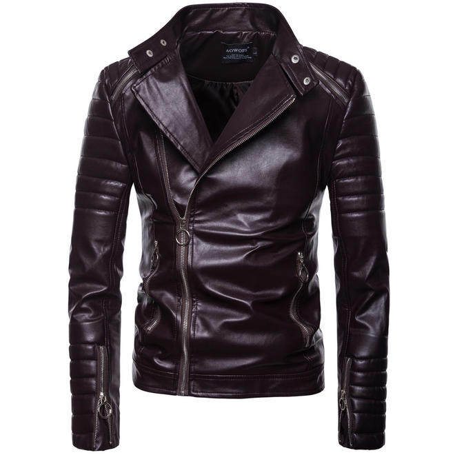 Men Fashion Collar Neck Zipper Classic Leather Jacket - C4366JPJK