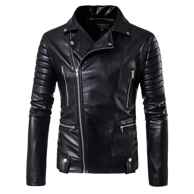 Men Collar Neck Side Zipper Leather Jacket - C4365KMJK