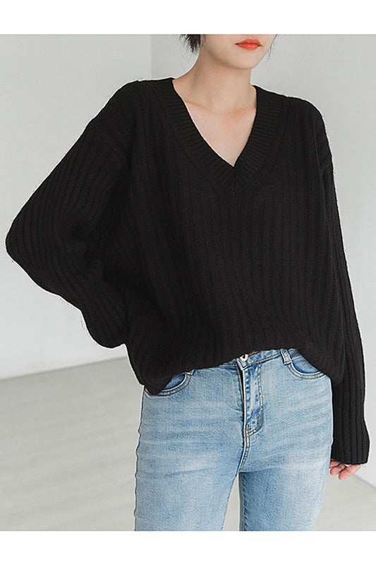 Women Excellent V-Neck Long Sleeve Loose Fit Winter Reliable Knitted Sweater - WST114556