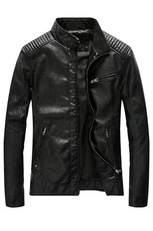 Men Solid Colored Long Sleeve Leather Jacket C3517TCJK