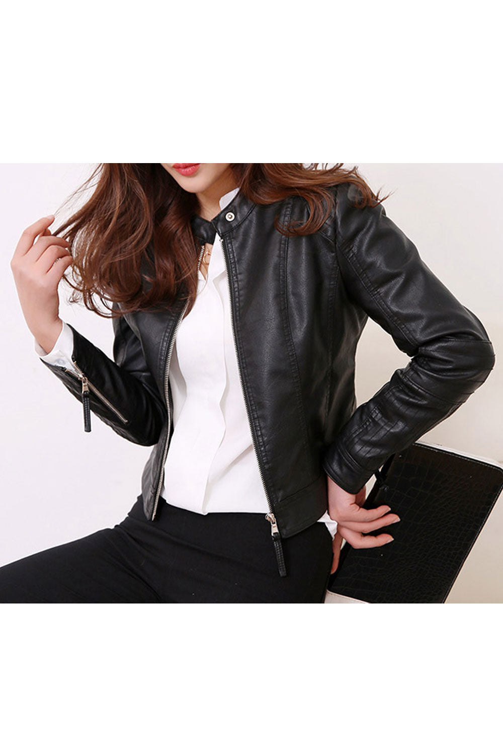 Women Relaxed Fit Thick Long Sleeve Restful Collar Neck Zipper Closure Elegent Solid Colored PU Leather Jacket - WJK89175