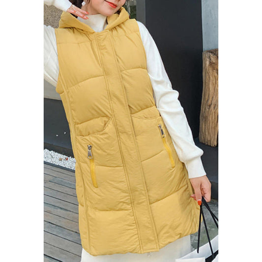 Women Mid Length Solid Colored Flap Pockets Warm Winter Season Padded Jacket - WJC23465