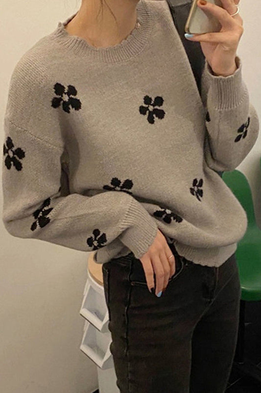 Women Lovely Flower Pattern Soft Autumn Season Cozy Loose Long Sleeve Stretchable Sweater - WST87623