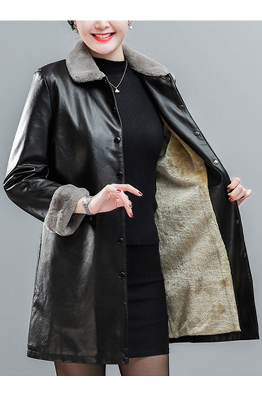 Women Amazing Collar Neck & Cuff Flap Pockets Easy Button Closure Winter Fashionable Leather Jacket - WJK118047