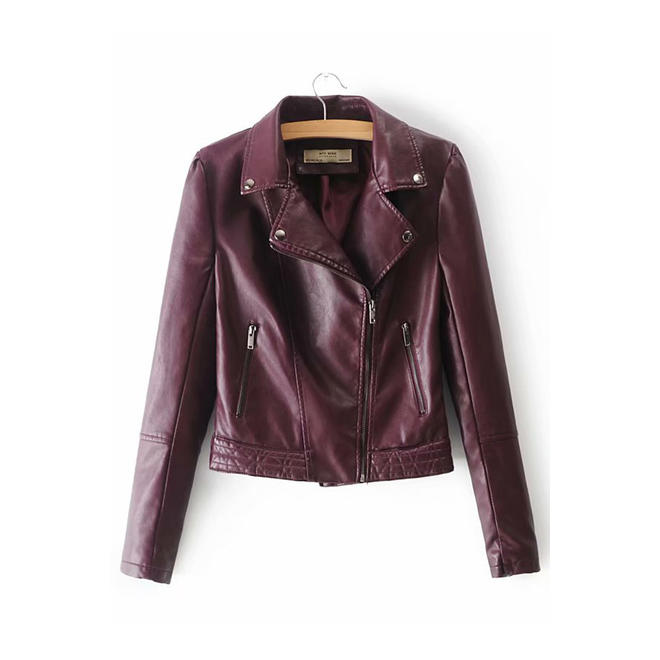 Women Long Sleeve Spread Collar Leather Jacket   WJC23132