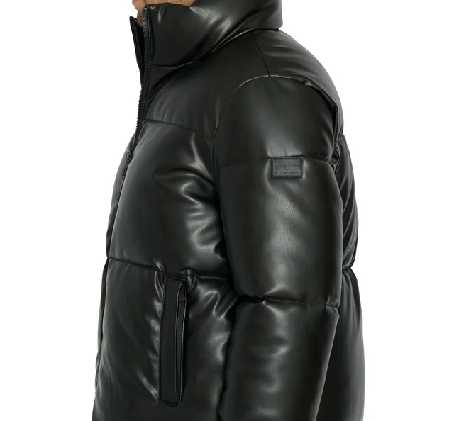 Men's Faux-Leather Puffer Stand-up collar Jacket