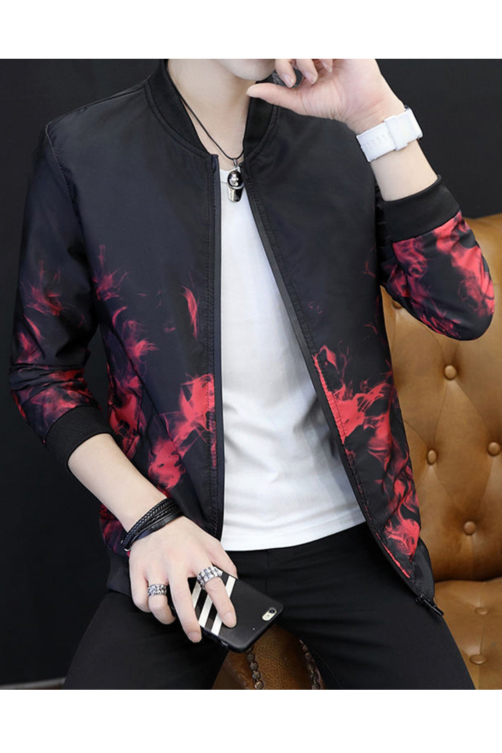 Men Modern Styled Printed Pattern Stand Up Collar Long Sleeve Ribbed Hem Thick Zipper Closure Jacket - MJC15149