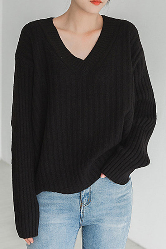 Women Excellent V-Neck Long Sleeve Loose Fit Winter Reliable Knitted Sweater - WST114556