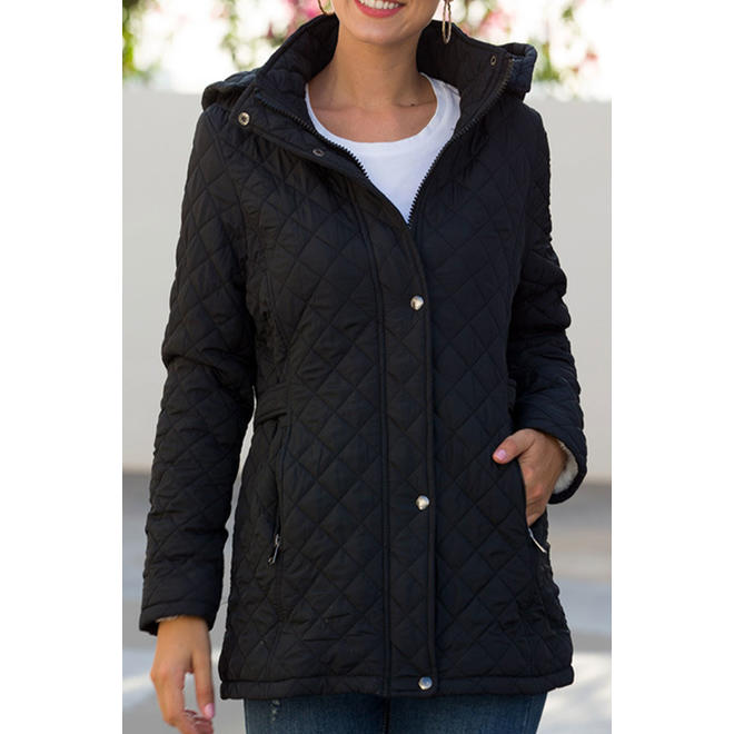 Women Lattice Pattern Stand Collar Long Sleeves Buttoned Closure Side Slash Pocket Warm Winter Padded Jacket - WCT29136