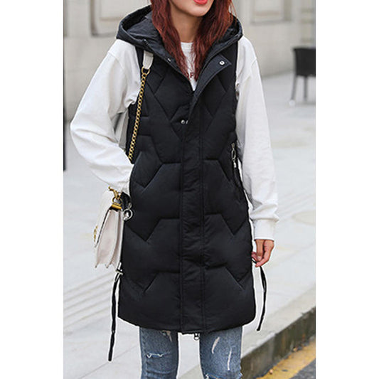 Women Mid Length Modern Style Solid Colored Hood Neck War Padded vest Jacket - WJC23547