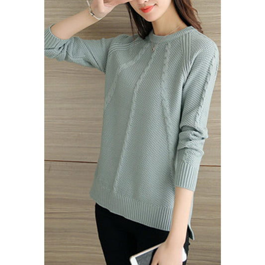 Women Round Neck Pullover Split Hem Sweater - WSTC24317