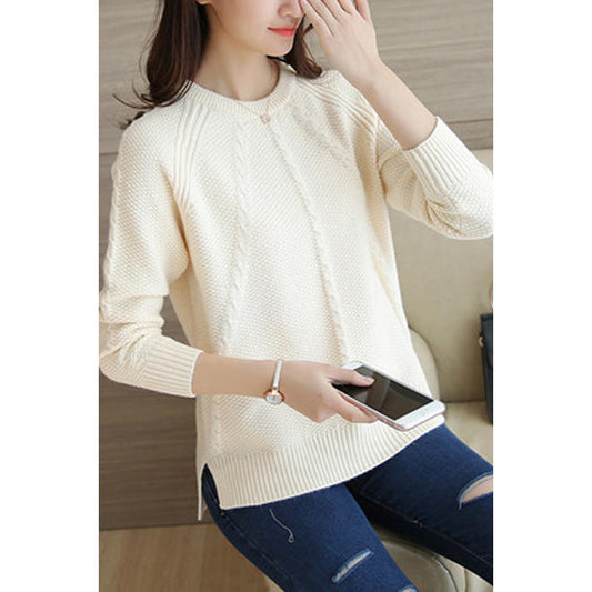 Women Round Neck Pullover Split Hem Sweater - WSTC24317