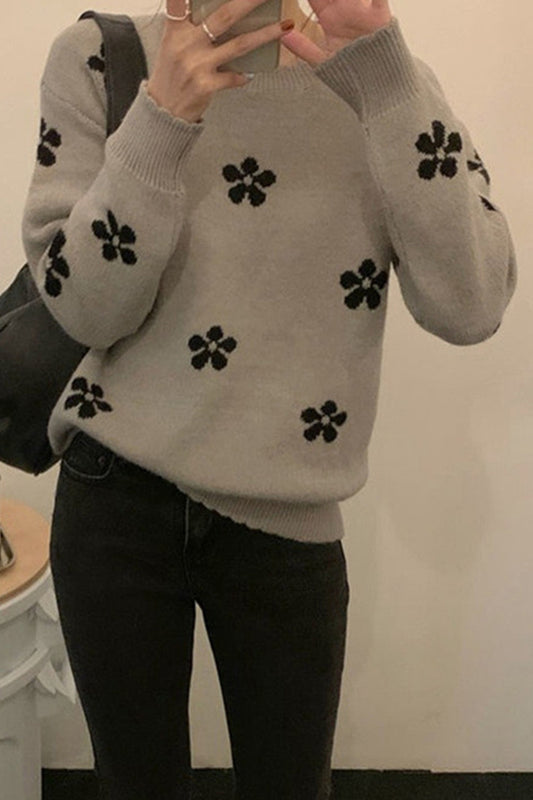 Women Lovely Flower Pattern Soft Autumn Season Cozy Loose Long Sleeve Stretchable Sweater - WST87623