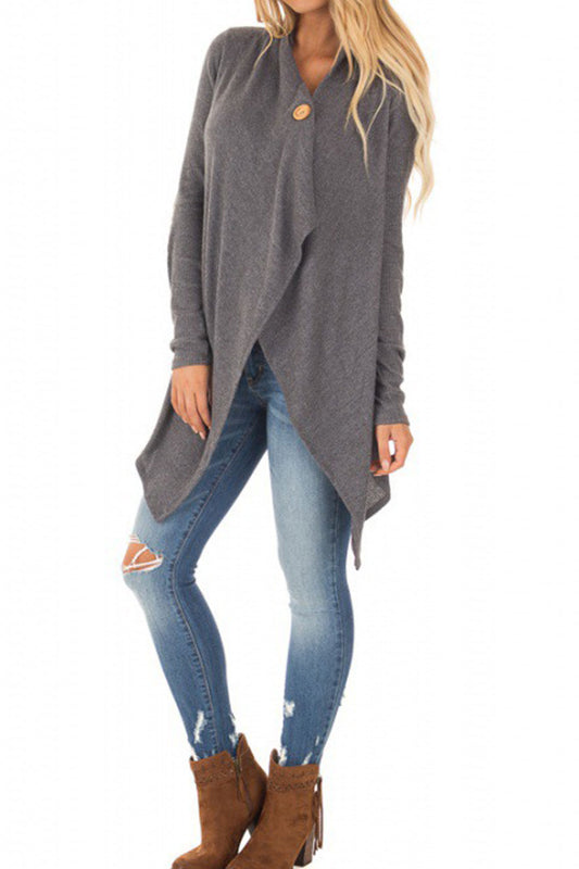 Women Knitted Long Sleeve V-Neck Splendid Solid Colored Irregular Hem Front Open Warm Cardigan - WC87301