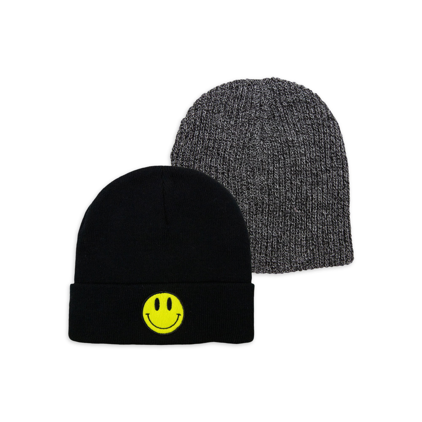 Men's Smiley Patch and Solid Gray Beanies 2-Pack ZB082