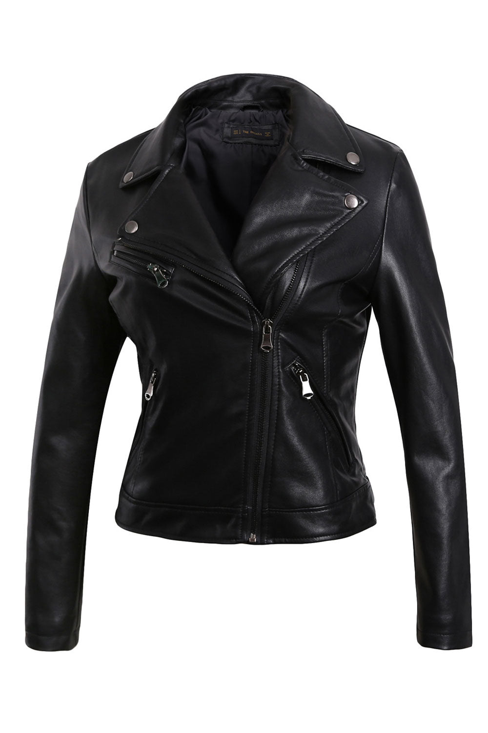 Women Classy Long Sleeves Collar Neck Zipper Closure Pockets Styled Slim PU Leather Jacket - WJC23099