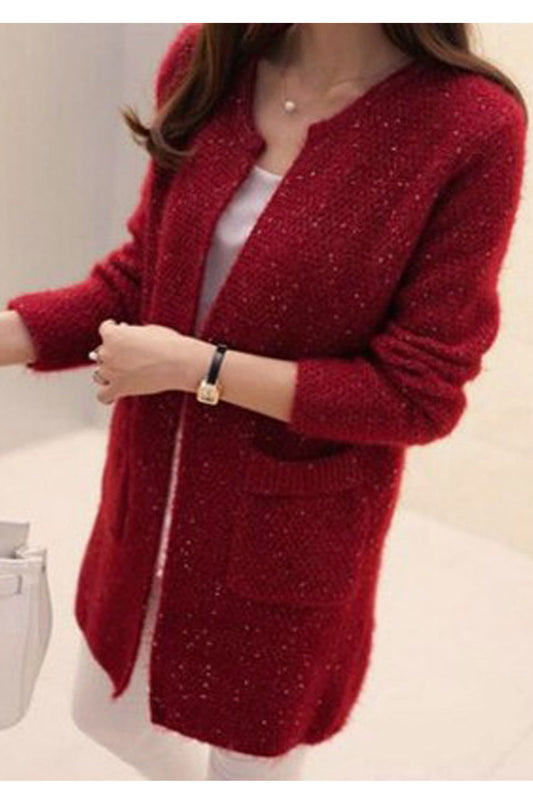 Women Winter Fashionable Front Open Style Round Neck Simple pockets Warm & Thick Cardigan - WC117749