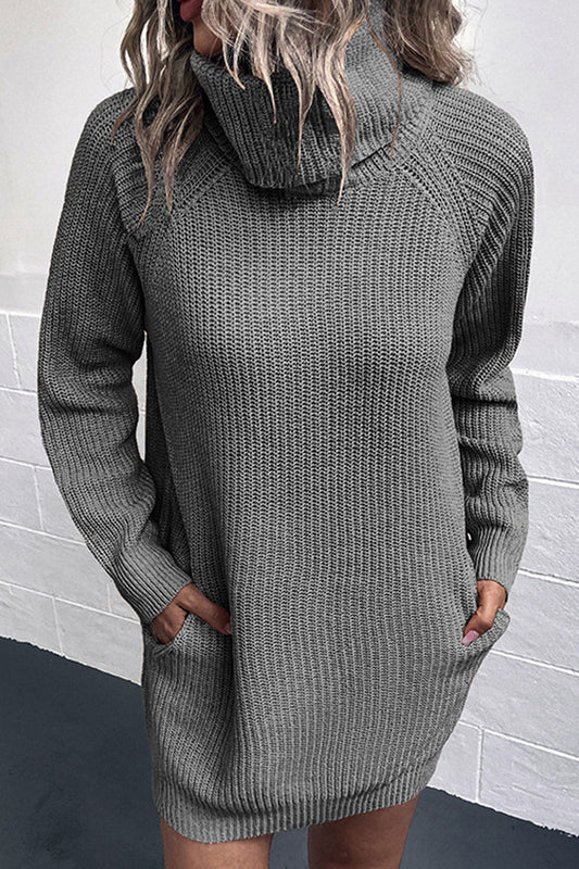 Women Comfortable Turtleneck Mid-Length Side Pockets Relaxful Knitted Winter Sweater - WST117492