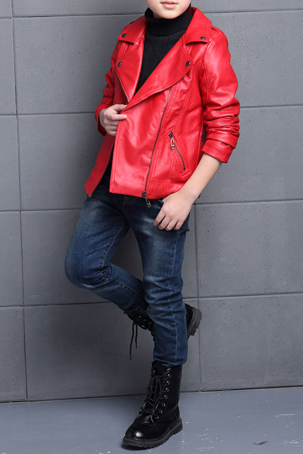 Kids Boys Elegant Solid Colored Collar Neck Cute Leather Jacket - KBLJ90274