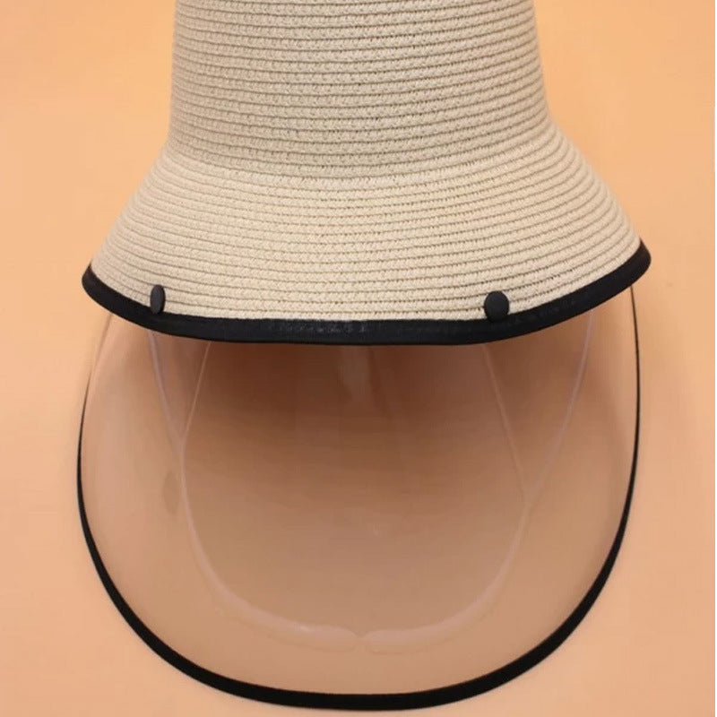 Contrast Trim Straw Hat With Detachable Face Shield