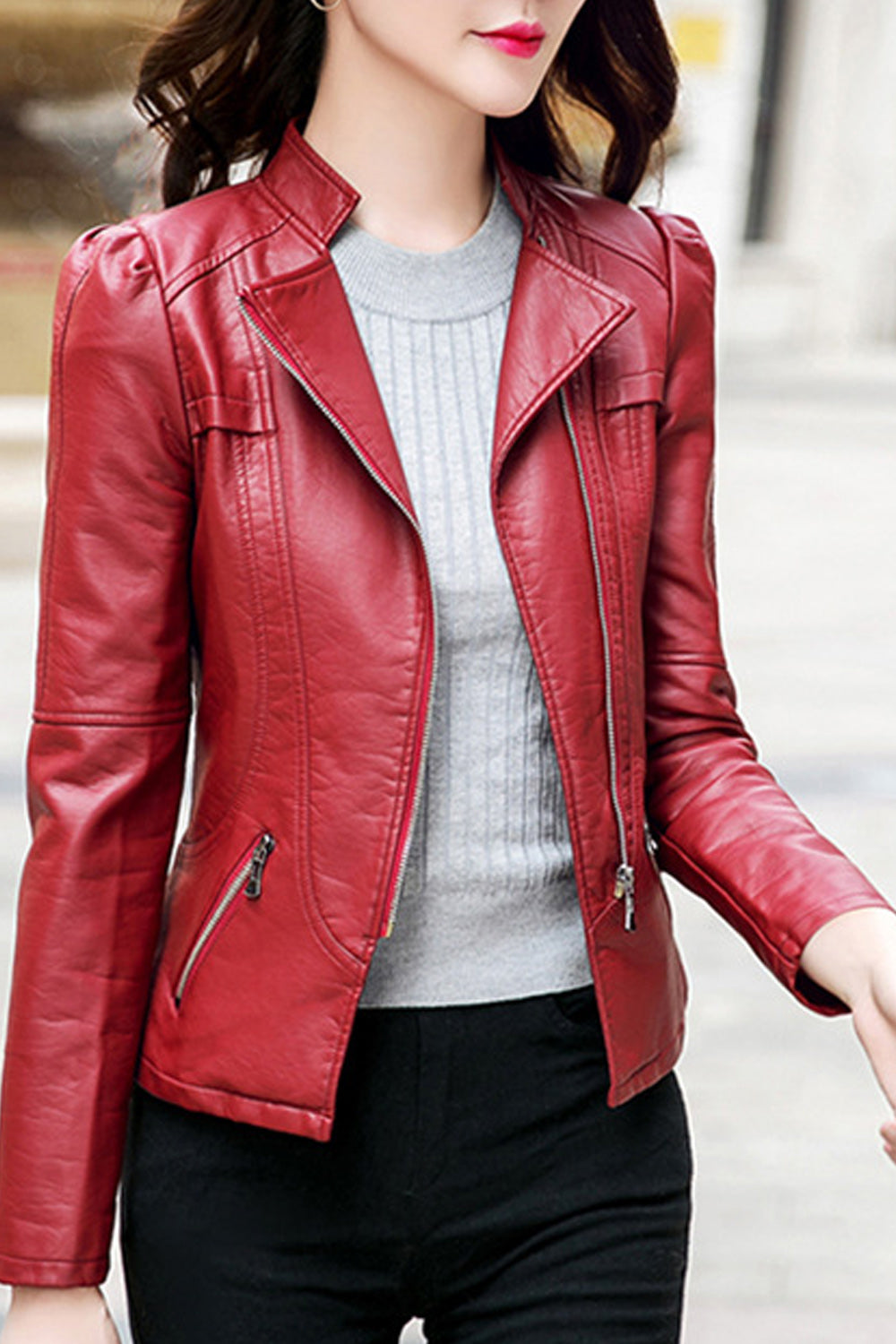 Women Long Sleeve Zipper Pockets Trendy Stand Collar Leather Jacket - WJK88976