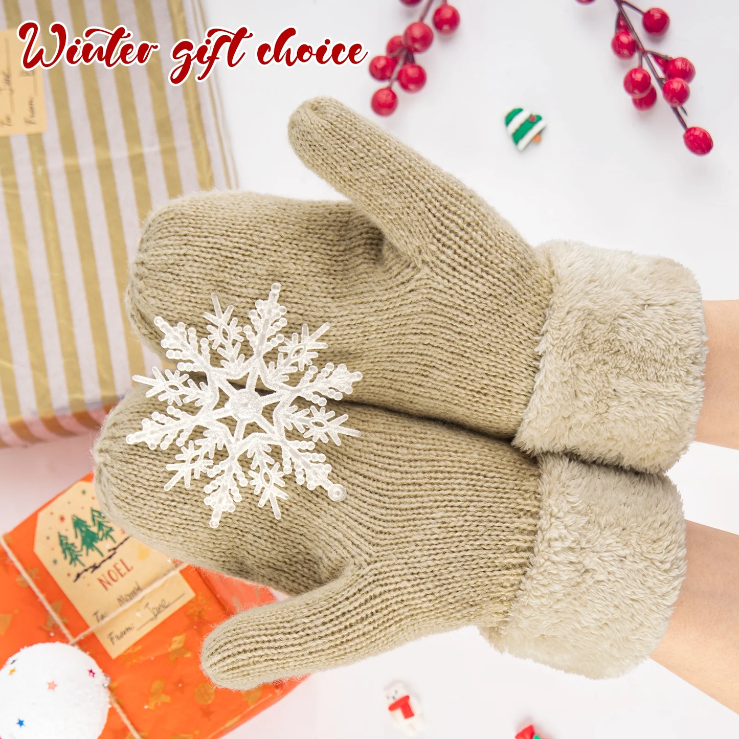 Women Warm Lining Mittens- Cozy Knit Thick Cold Weather Gloves 2Piece Set ZB119