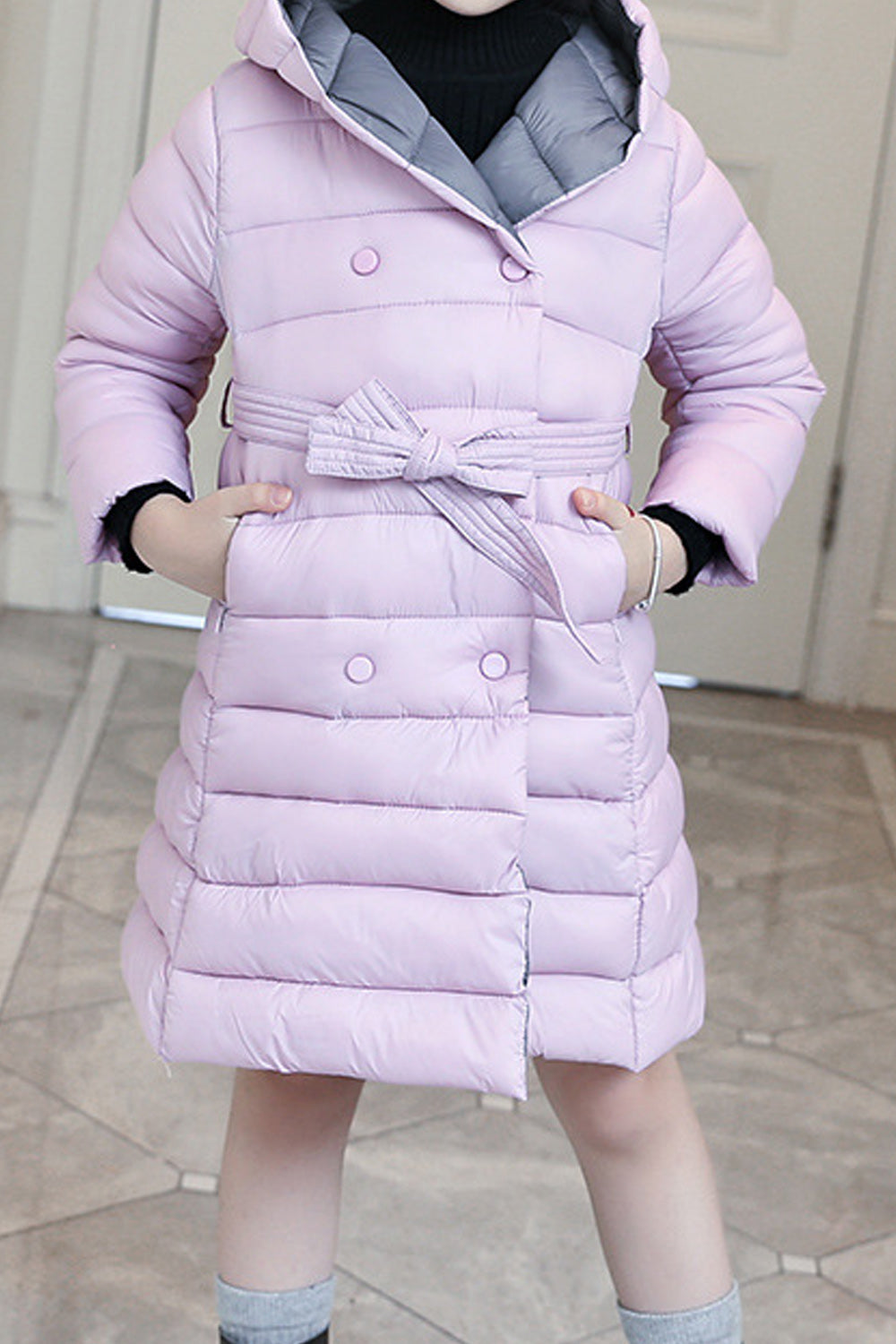 Kids Girls Mid Length Breathable Hooded Neck Long Sleeve Warm Winter Season Padded Jacket - KGJC42096