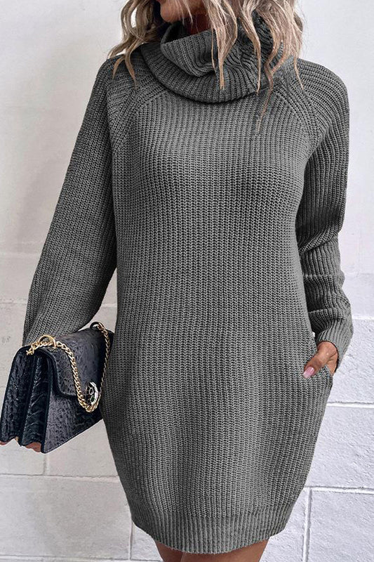 Women Comfortable Turtleneck Mid-Length Side Pockets Relaxful Knitted Winter Sweater - WST117492