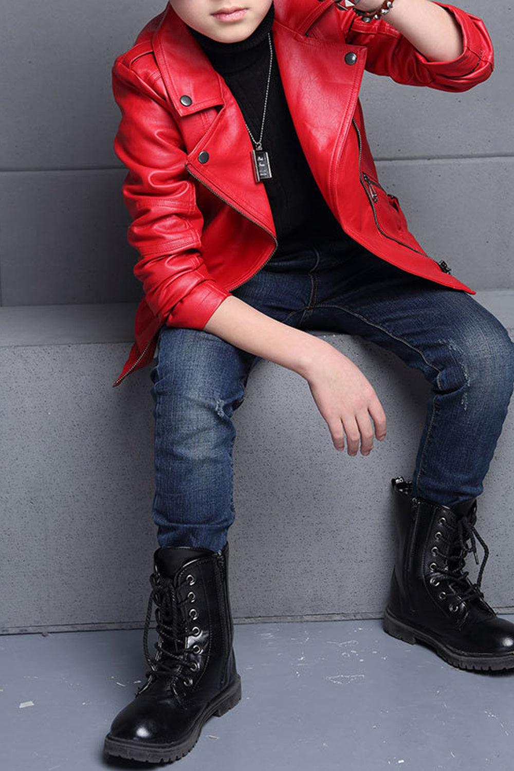 Kids Boys Elegant Solid Colored Collar Neck Cute Leather Jacket - KBLJ90274