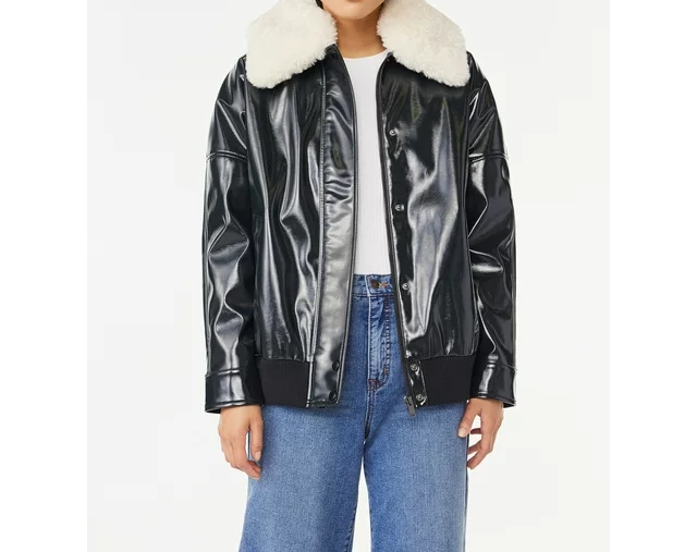 Women's Faux Leather Jacket with Faux Collar