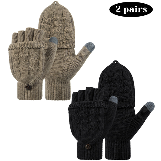 Women Winter Gloves Warm Knit Flip Mittens Fingerless Gloves 2 Pairs Set ZB114