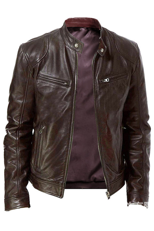 Men Classic Solid Pattern Zipper Closure Comfortable Stand Up Collar Thick Long Sleeve Casual PU Leather Jacket - MLJ90309