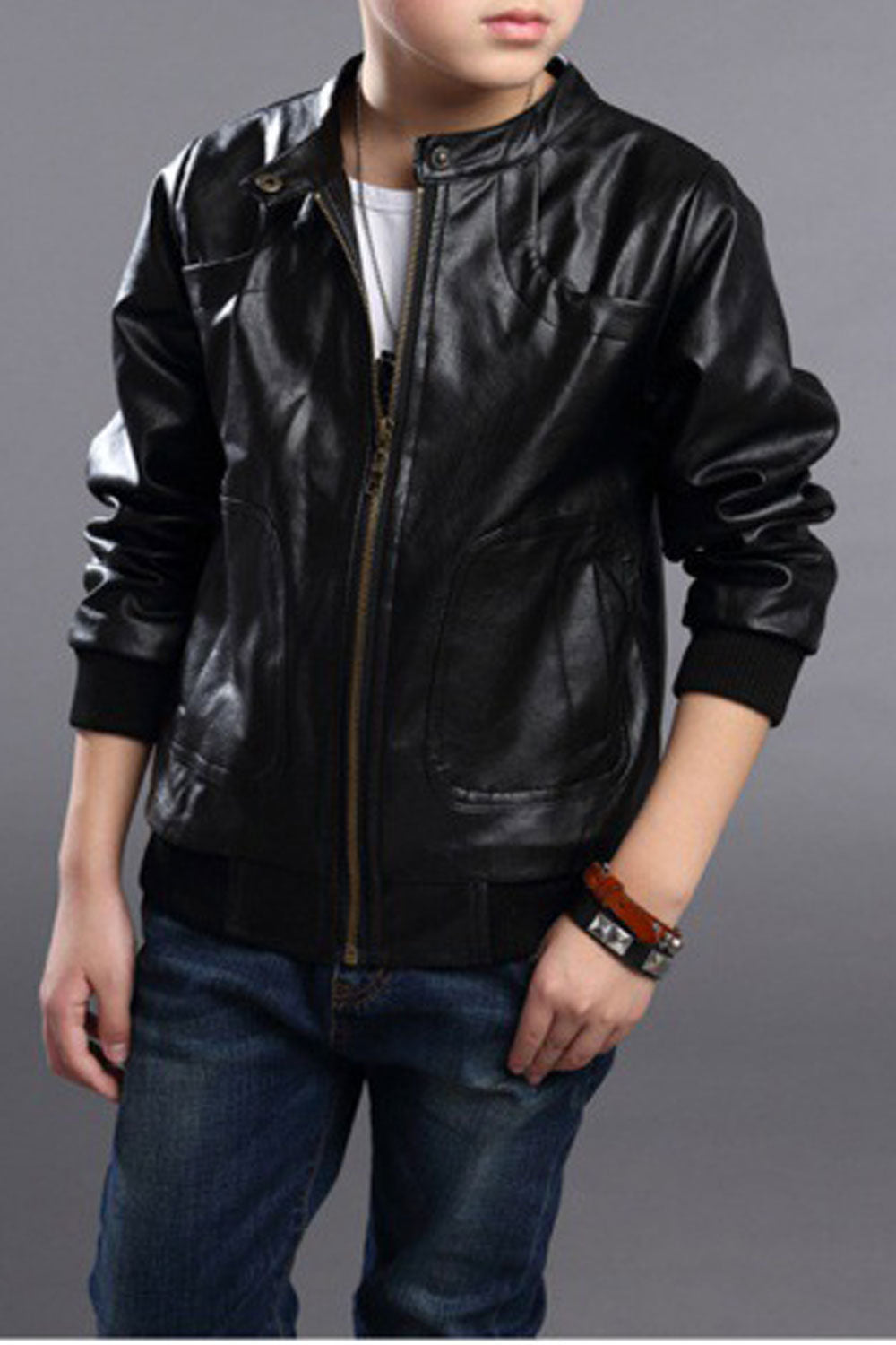 Kids Boys Dashing Solid Colored Superbly Stitched Ribbed Hem & Cuff Winter Fashionic Leather Jacket - KBLJ90286