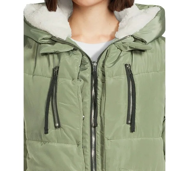 Women's Puffer Coat with Faux Sherpa Lined Hood