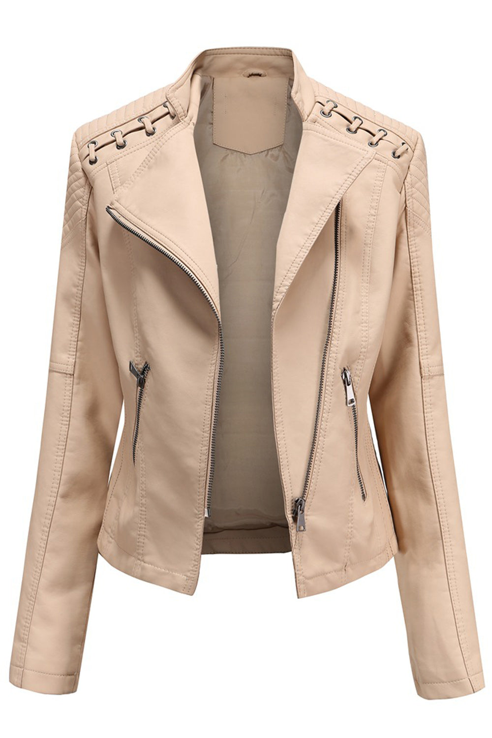 Women Convenient Solid Colored Long Sleeve Warm Leather Jacket - WJK89480