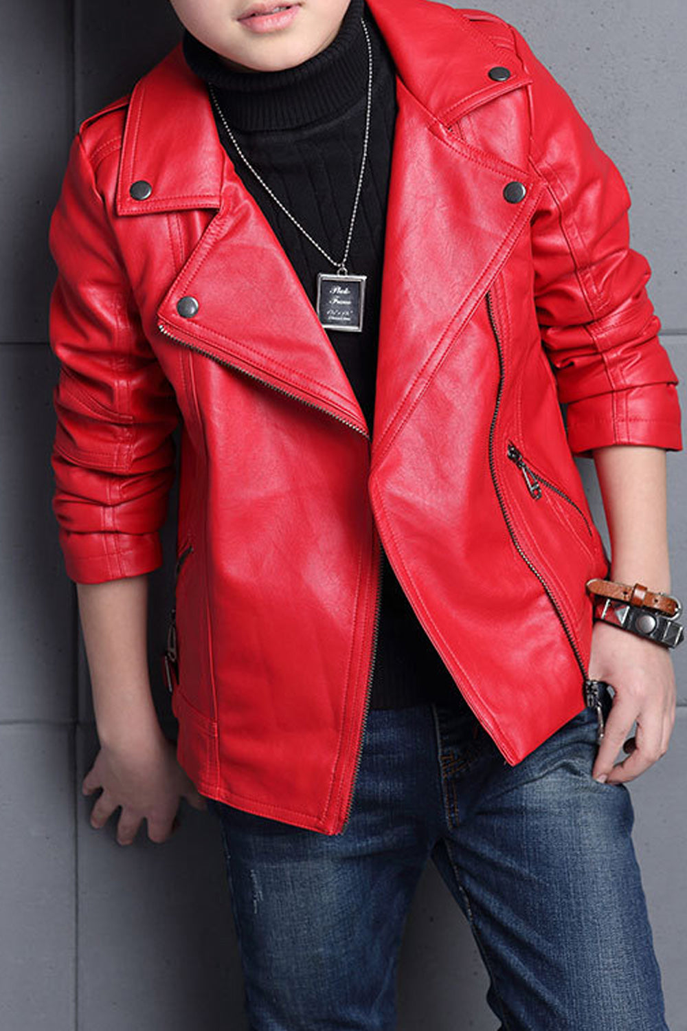 Kids Boys Elegant Solid Colored Collar Neck Cute Leather Jacket - KBLJ90274