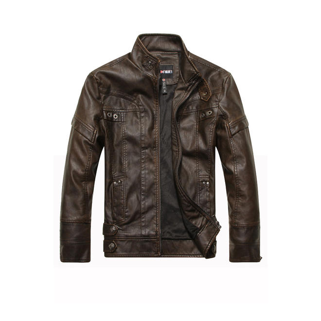 Men Collar Neck Long Sleeve Leather Jacket  C3516TCJK