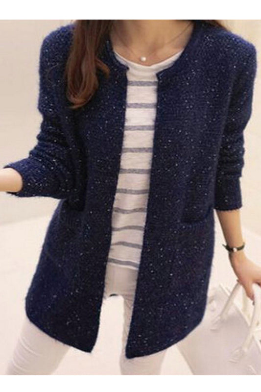 Women Winter Fashionable Front Open Style Round Neck Simple pockets Warm & Thick Cardigan - WC117749