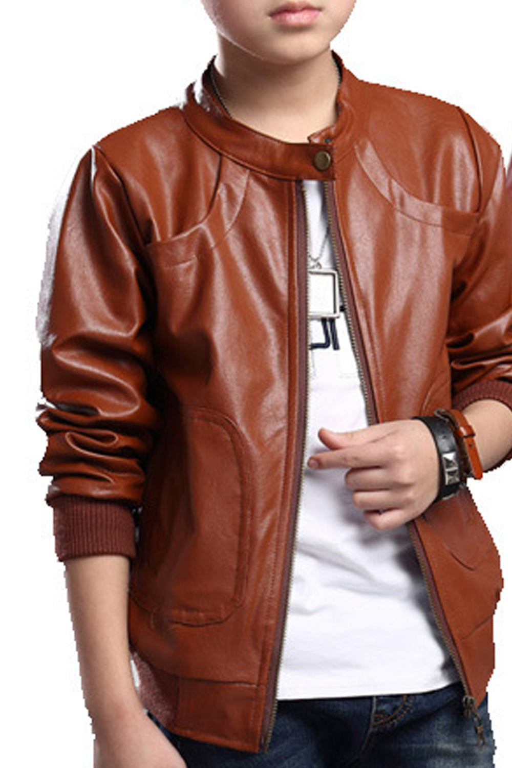 Kids Boys Collar Neck Long Sleeve Superb Solid Colored Zipper Closure PU Leather Jacket - KBLJ90275