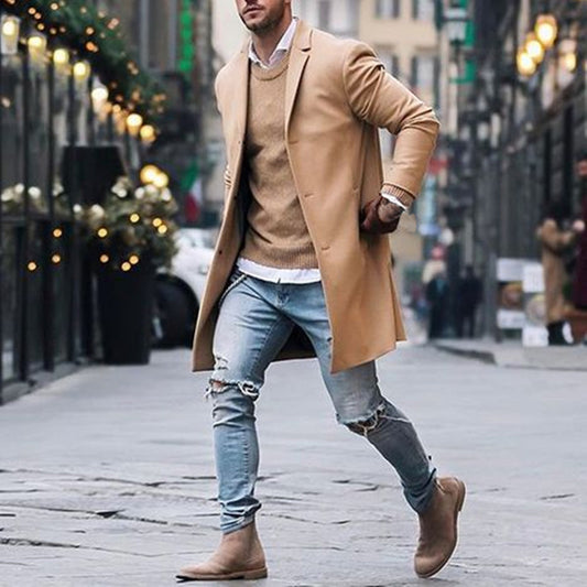 Fashion Winter Men's Trench Long Jackets Coats Overcoat Classic Jackets Solid Slim Fit Outwear Hombre Men Clothes Khaki Black - MCJ50279