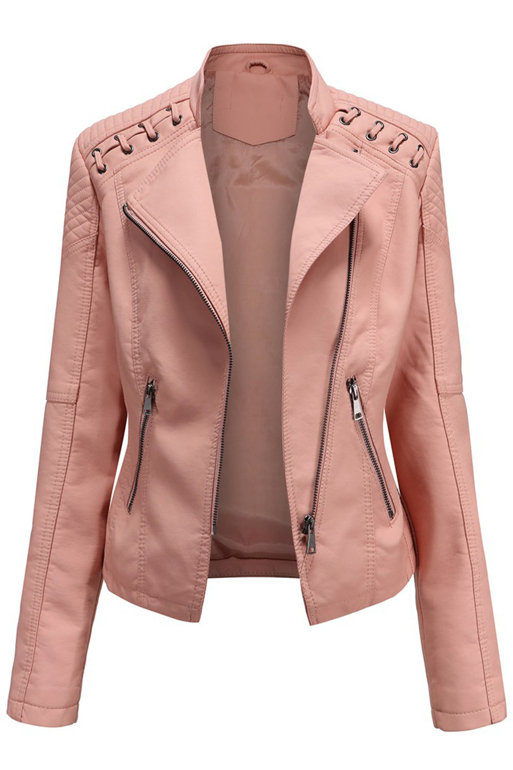 Women Convenient Solid Colored Long Sleeve Warm Leather Jacket - WJK89480