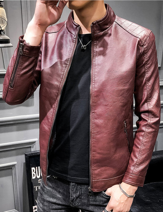 Men Small Collar Long Sleeves Leather Jacket C3512ZWJK