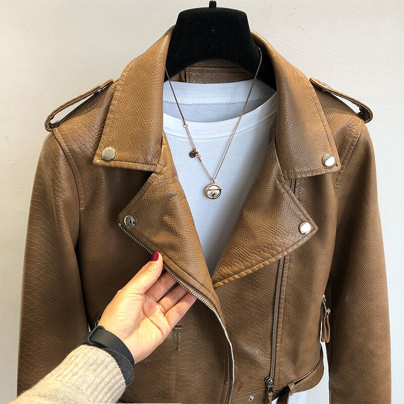 Women Faux Leather Jacket Slim Streetwear Khaki Jacket with Belt Female Outerwear - WJK2588