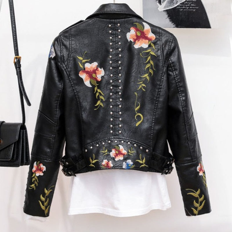 Women Faux Soft Leather Jacket Coat Lapel Collar Pu Motorcycle Black Punk Short Outerwear - WJK2574