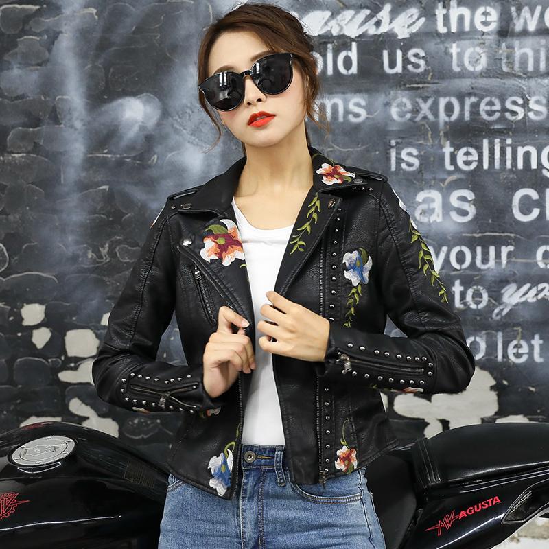 Women Faux Soft Leather Jacket Coat Lapel Collar Pu Motorcycle Black Punk Short Outerwear - WJK2574