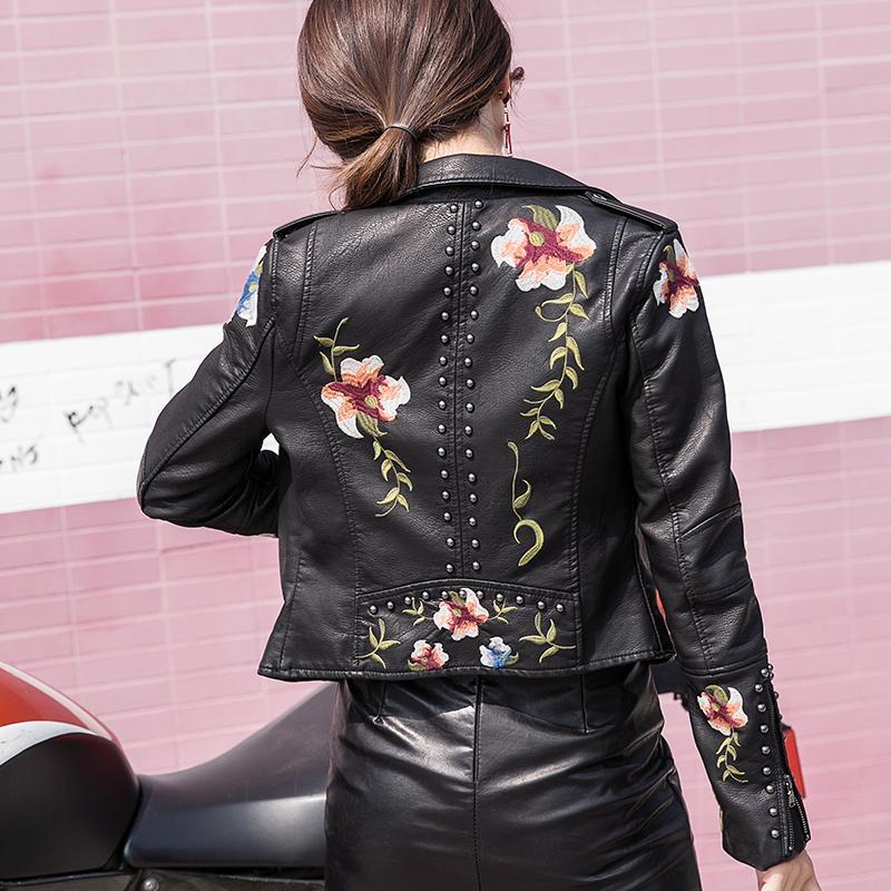 Women Faux Soft Leather Jacket Coat Lapel Collar Pu Motorcycle Black Punk Short Outerwear - WJK2574